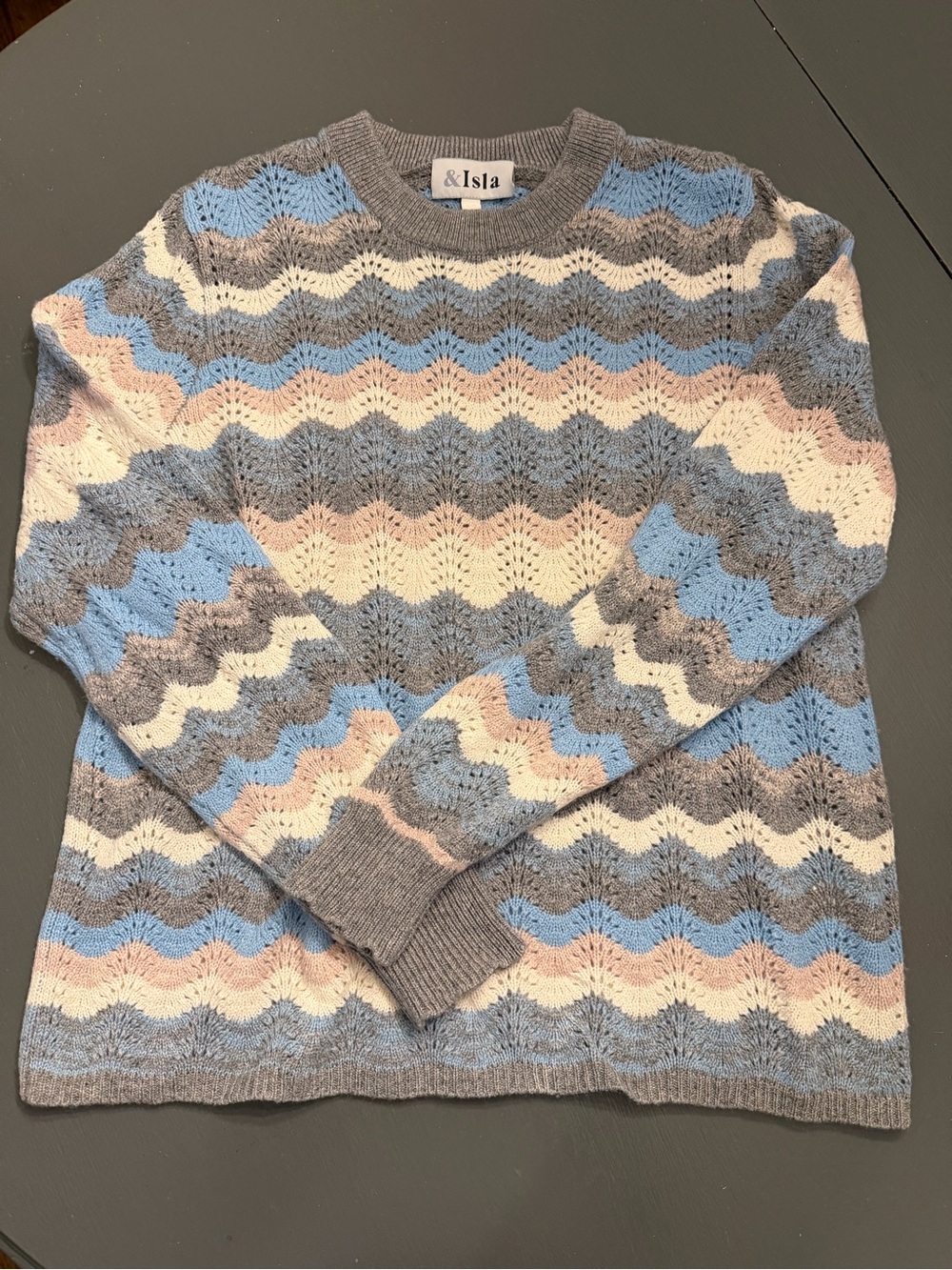 Wave-Stripe Crewneck Sweater in Gray, Blue & Cream